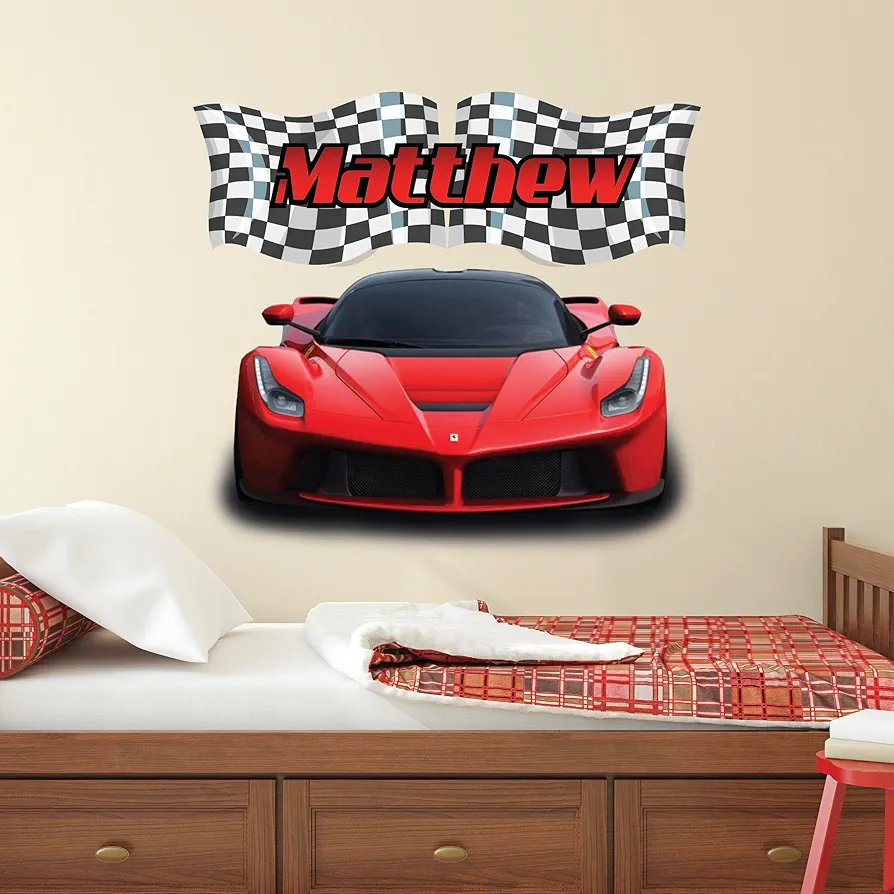 Personalized Racing Wall Decal for Kids Room - Race Car Name Wall Decals - Checkered Flags Racing Car Stickers - Supercar Decoration for Bedroom Playroom Wall Decor Boys Art Mural Vinyl Sticker