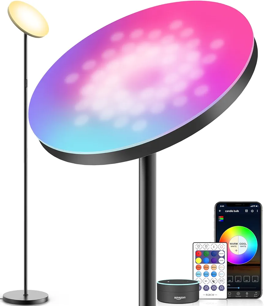 Smart RGB LED Floor Lamp Works with Alexa Google Home, WiFi Remote Modern Tall Standing Light, Super Bright 2000LM Color Changing & Dimmable Sky Torchiere for Living Room, Bedroom (Black)