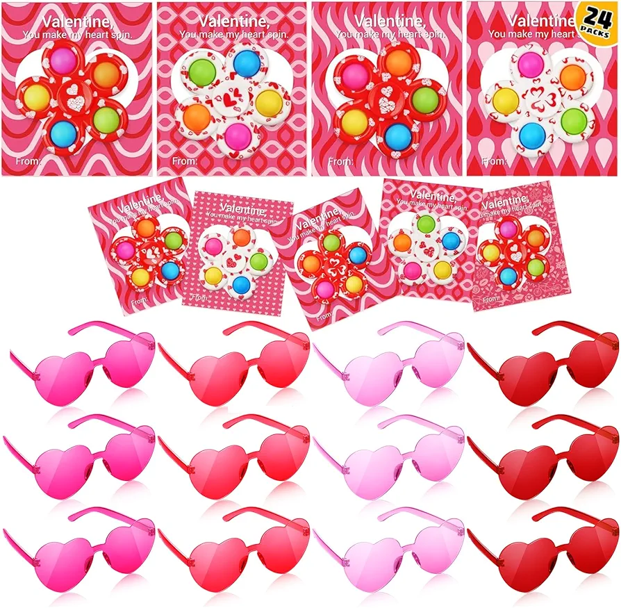 SCIONE Valentines Day Gifts for Kids, 24 Pack Valentines Fidget Spinner and 24 Pack Heart Sunglasses for Classroom Exchange Gifts Valentine Party Supplies