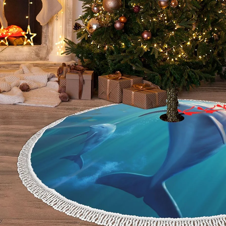 Christmas Tree Skirt with Tassel Cute Dolphin 48" Xmas Tree Skirts Tassel Tree Mat Ornament for Home Indoor Outdoor Room Holiday Decoration