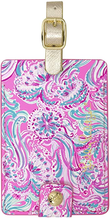 Lilly Pulitzer Leatherette Luggage Tag with Secure Strap, Colorful Suitcase Identifier for Travel