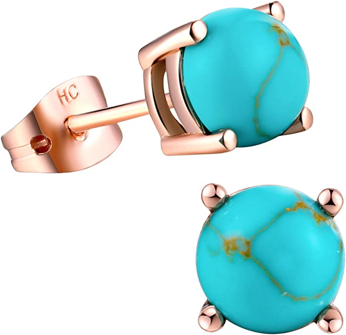 Turquoise Stud Earrings for Women Girls 18k Rose Gold Plated 7mm Round Birthstone Earrings as Gift for Women