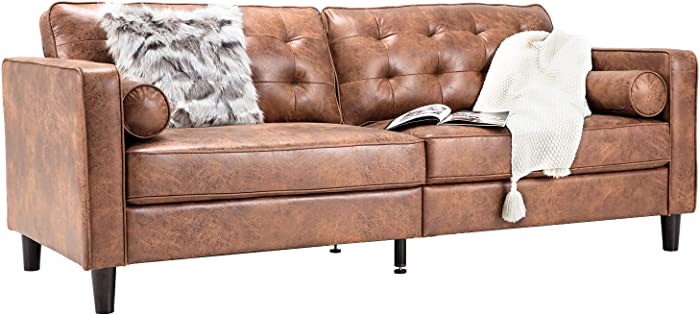 Esright 84.2”Mid-Century Sofa Couch,Tufted Synthetic Suede Fabric Modern Couch with 2 Bolster Pillows, Sofas Couches for Living Room,Apartment,Dorm & Office,Saddle Brown