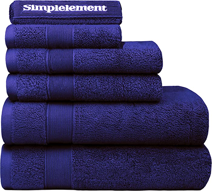 Simplelement 6-PCS Towel Set 100% Combed Cotton,Super-Plush, Soft, Absorbent , Luxury, Spa Quality Bath Towel Set, 2 Bath Towels, 2 Hand Towels, 2 Washcloths (Navy Blue)