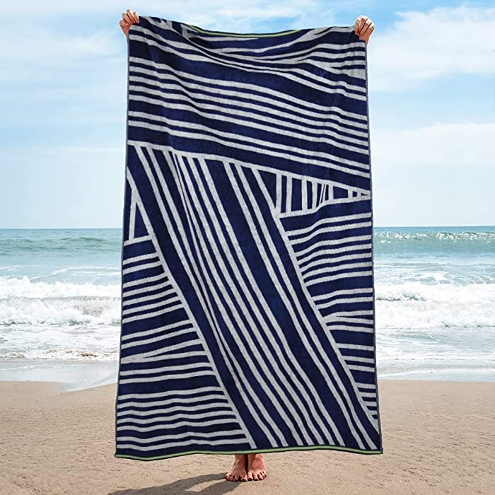 TRIDENT Oversized Jaquard Beach Towels, Set of 2 , 35"x70" ,100% Cotton, Highly Absorbent, Quick Dry, Bright Colored, Pool and Bath Towel - Navy Blue Stripe