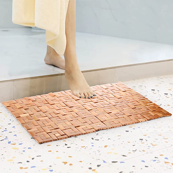 Cedilis Natural Bamboo Bath Mat, 16x24 Inch Wooden Bathroom Shower Mat, Foldable Kitchen Floor Rugs with Rubber Padded Bottom, Bathmat Accessories for Sauna, Spa and Bathtub Rooms