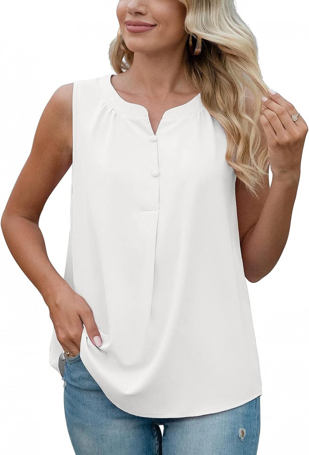 QUEZHU Women's Summer Sleeveless Chiffon Tank Tops Blouses Work Casual V Neck Button Blouses Shirts Tops