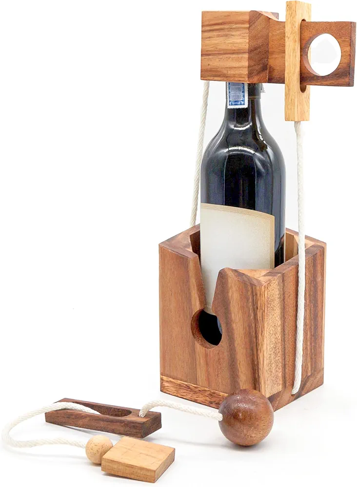 BSIRI Wine Bottle Puzzle - Challenging 3D Wooden Wine Bottle Holder and Wine Lock Puzzle Games for Adults. Functional Wine Storage, Ideal Wine Lover Gifts, Fun Gifts, Game Night and Rustic Room Decor