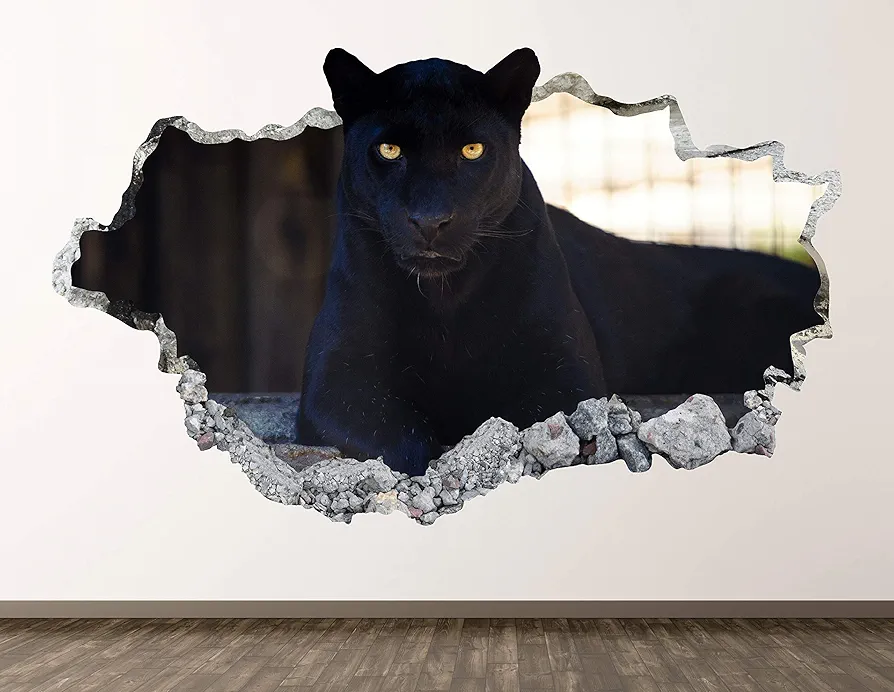 Black Panther Wall Decal Art Decor 3D Smashed Wild Animal Sticker Poster Kids Room Mural Custom Gift BL1024 (22"W x 14"H)