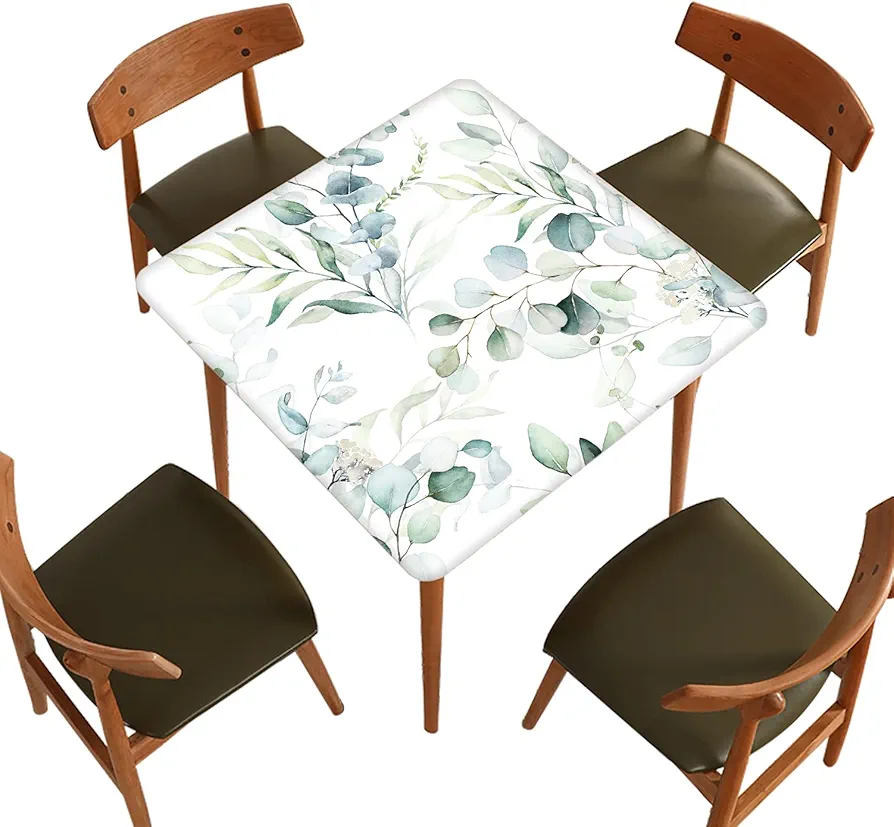 Square Botanical Themed Fitted Tablecloth, Watercolor Eucalyptus Leaf Polyester Decor tablecloths, for Living Room & Terrace Elastic Edge Oil Dust-Proof Washable Table Cloth, Fits 30x30 inch