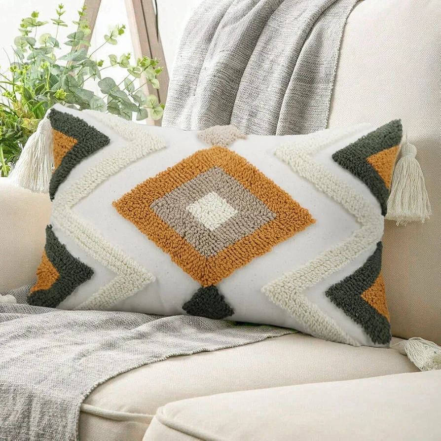 Boho Throw Pillow Covers 20x12, 1 PC Woven Tufted Farmhouse Pillows Cover Cases Cushion with Tassels, Neutral Decorative Square Pillowcases for Couch Bed Sofa Living Room Bedroom Aesthetic Brown