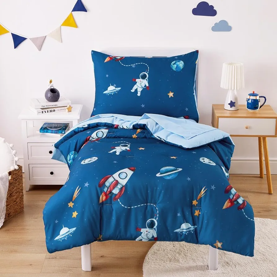 Wake In Cloud - Space Toddler Bedding Set for Boys, Cute Rocket Space Ship Astronaut, 4 Pieces Soft Crib Bed Set Including Comforter, Sheets and Pillowcase, Navy Blue