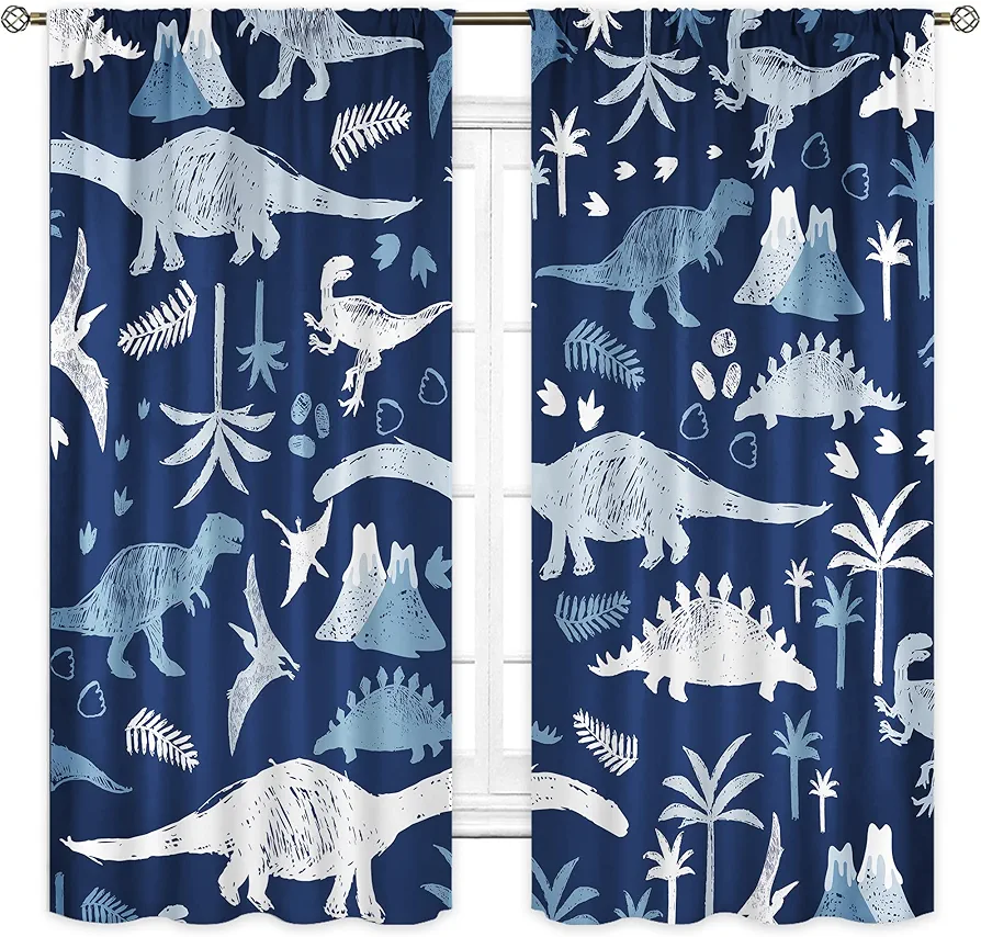 Cinbloo Cartoon Kids Blue Grey Dinosaur Curtains 42Wx63H Inch Rod Pocket Boys Cute Dino Safari Wildlife Child Funny Animal Palm Tree Printed Living Room Bedroom Window Drapes Treatment Fabric 2 Panel