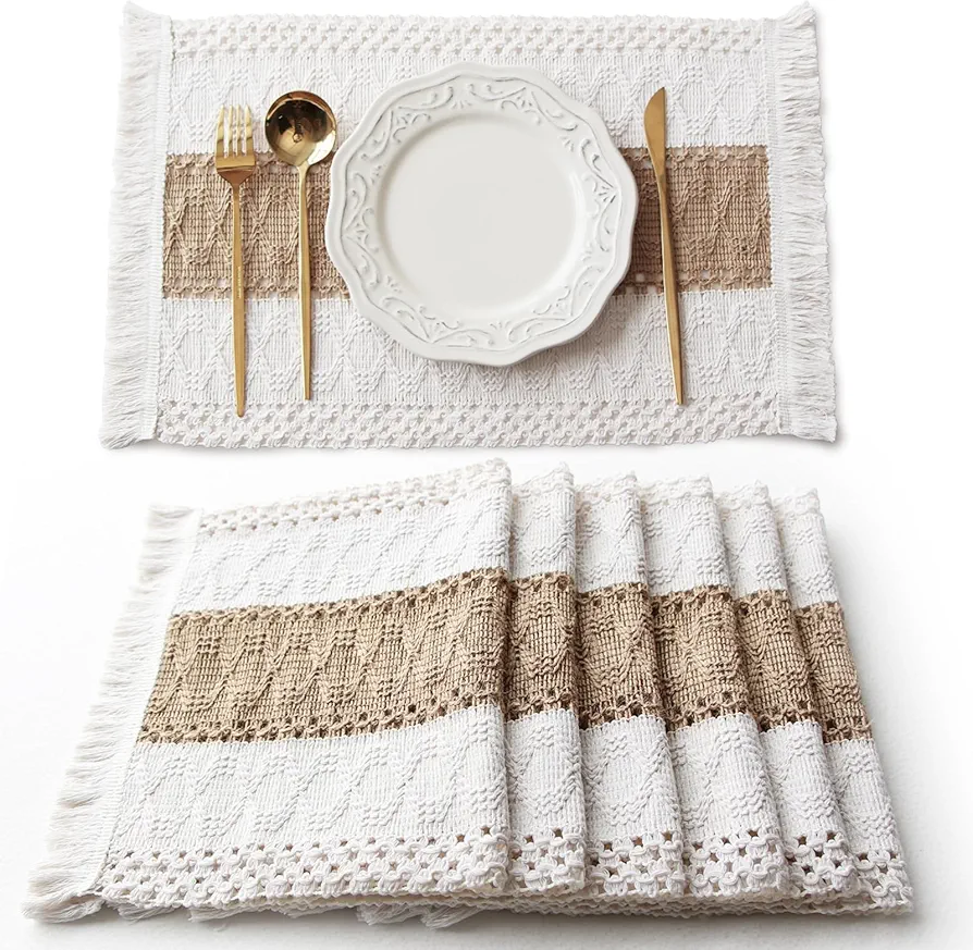 Boho Placemats Set of 6, Macrame Table Decor and Farmhouse Style Placemats Natural Cotton Burlap, for Dining Table