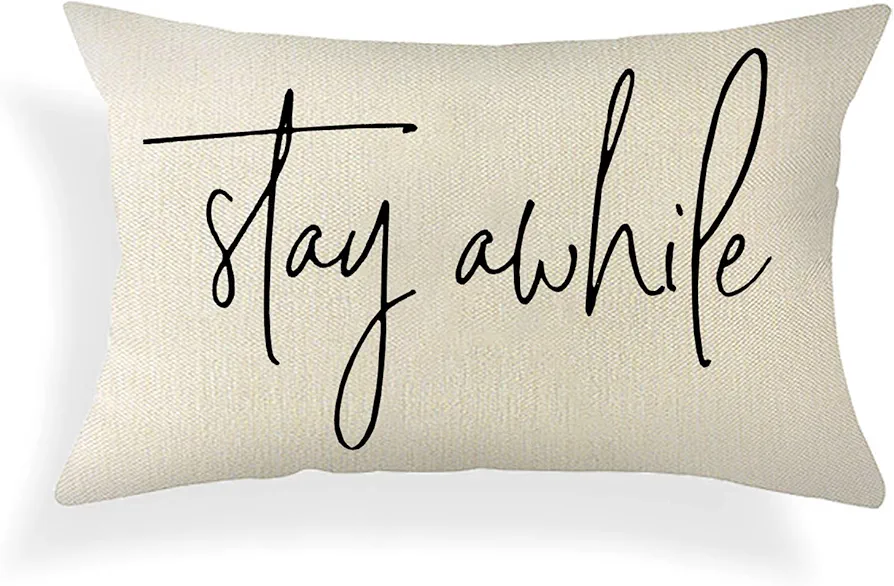 Ogiselestyle Farmhouse Pillow Covers with Stay Awhile Quotes 12" x 20" Lumbar Pillow Covers Home Decorative Cotton Linen Cushion Case for Sofa Couch Housewarming Gifts Family Room Décor