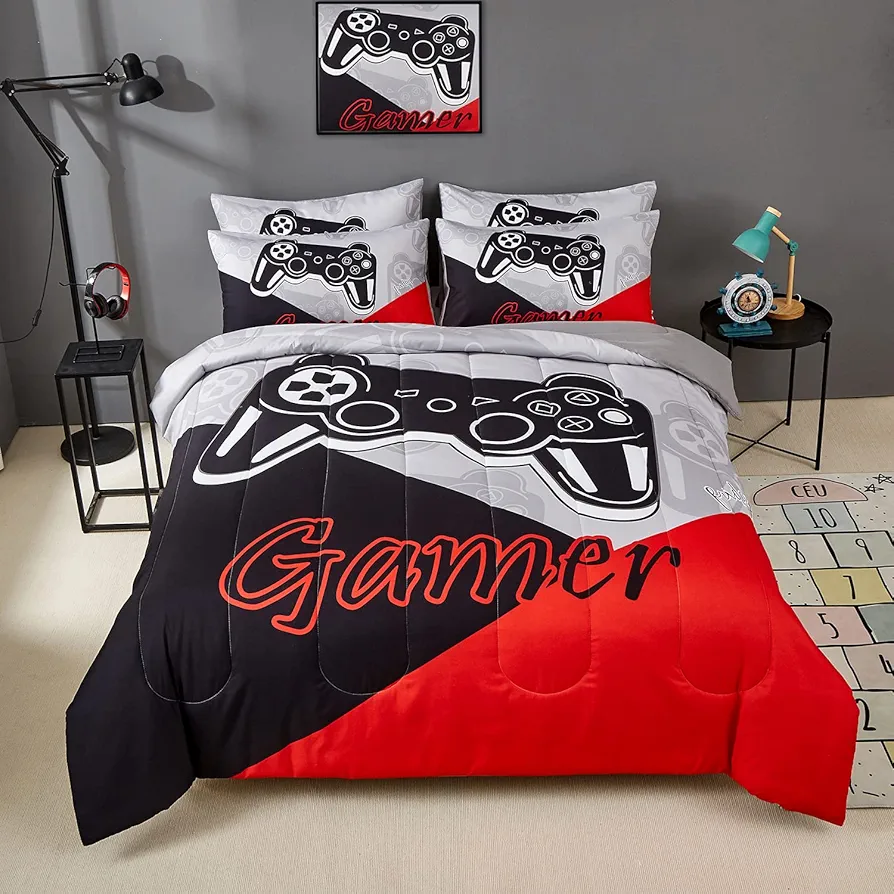 Gaming Comforter Sets for Kids Teen Boys,Video Games Controller Pattern Bedding Set for Room Decor, Full Size 3-Piece Reddish Black Gamer Comforter with 2 Pillowcases,All Season(Red,Full)