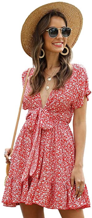 Floerns Women's Ditsy Floral Plunge Neck Knot Front A Line Short Dress