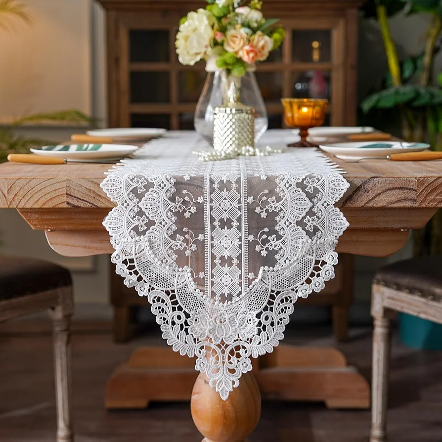 SUTAVIA White Lace Table Runner Exquisite Embroidery Floral Rectangular Elegant Dresser Scarf Shabby Chic Rustic Decoration for Home Kitchen Holiday Wedding Party Living Room (White, 13"x110")