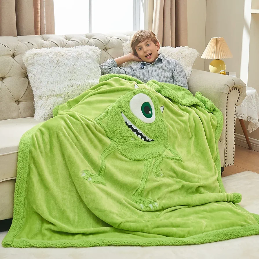 Kids Blanket 3D Cartoon Embroidered Sherpa Blanket Plush Warm for Boys Girls (Mike Wazowski, (50"X60"))