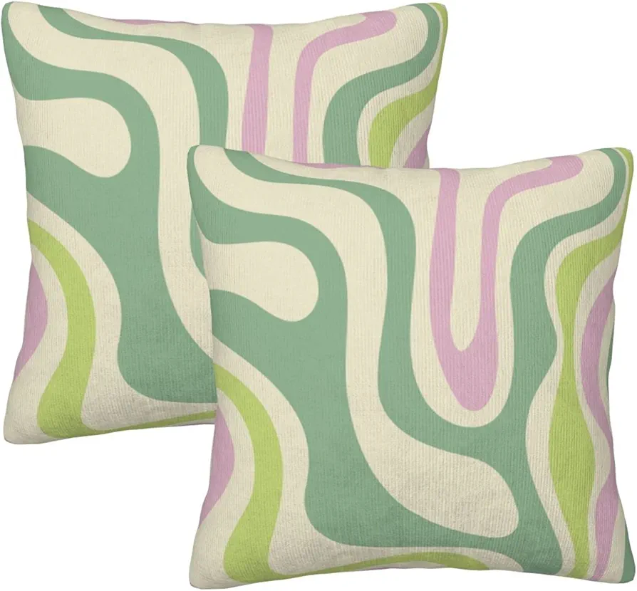 Sage Green Pillow Covers, Retro Swirls Abstract in Soft Pastel Lavender Pink Lime Green Cream Throw Pillow Cases Room Decor