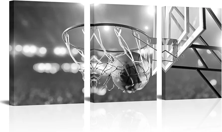 Apicoture Black and White Basketball Canvas Print Wall Art Basketball Poster Framed for Sport Room Wall Decor Ready to Hang 12''x 16''x 3 Panels