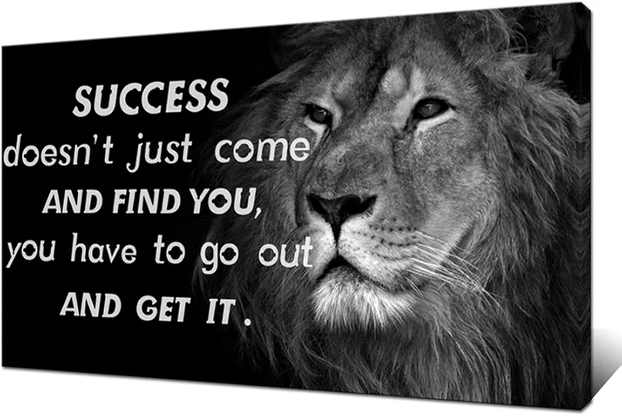 Artsbay Lion Wall Art Canvas Black And White Motivational Animal Painting Pictures with Success Quote Poster Canvas Prints Framed Artwork for Kids Living Room Bedroom Office Decoration Large