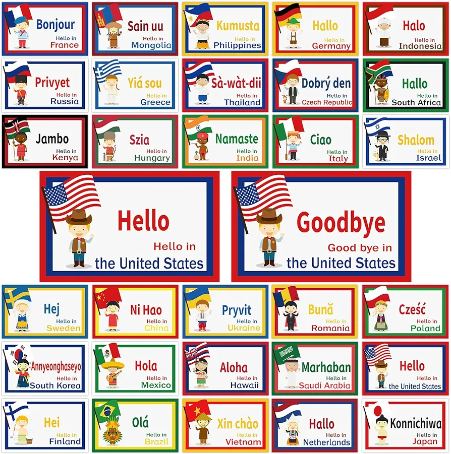 30Pcs Greetings from Around The World Cutouts Diversity Learning Languages Classroom Decorations Multicultural Languages Cutouts Supplies for Classroom School Home Decor