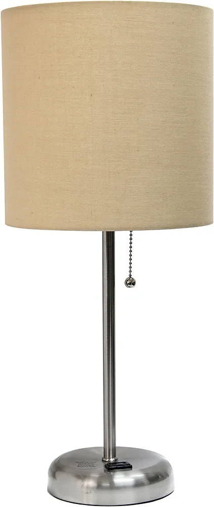 Simple Designs LT2024-TAN Brushed Steel Stick Table Desk Lamp with Charging Outlet and Drum Fabric Shade, Tan