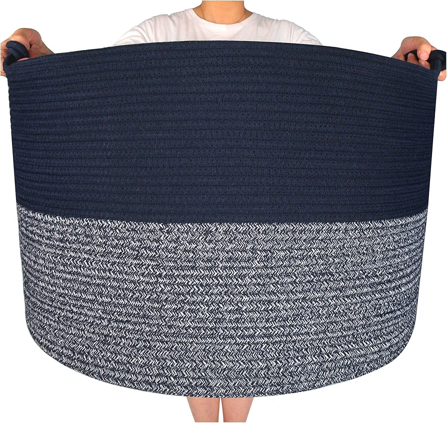 MINTWOOD Design XXXXLarge 22 x 16 Inches Decorative Cotton Rope Basket, Blanket Basket Living Room, Laundry Basket, Woven Basket, Toy Storage Baskets Bin, Round Basket for Pillows, Towels, Navy Blue