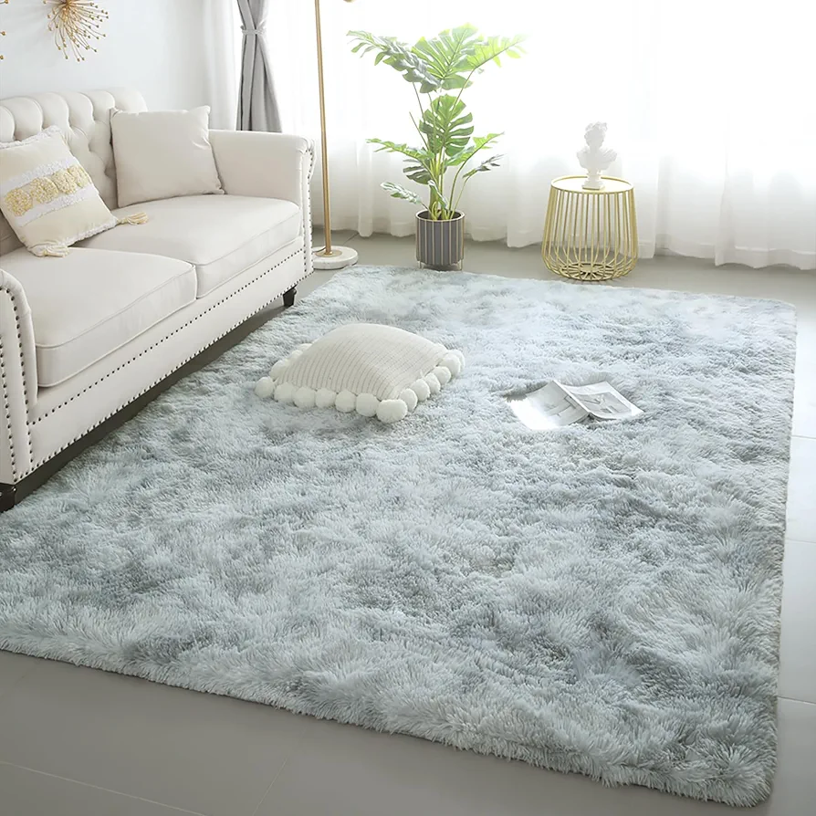 6x9 Area Rugs for Living Room, Machine Washable Shag Soft Shaggy Fluffy Rug, Non-Slip Indoor Floor Carpet for Bedroom, Kids Baby Boys Teen Dorm Home Decor Aesthetic, Silver&Grey