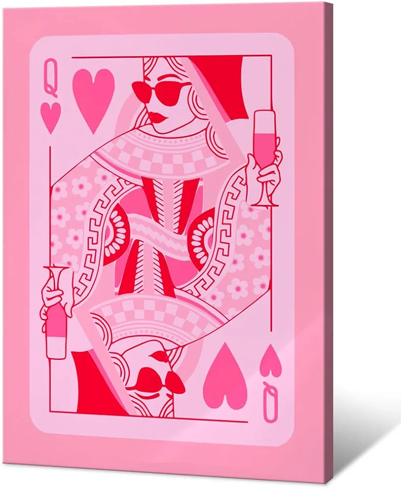 HEMOLAL pink Queen of Hearts poker aesthetic posters funny preppy playing card canvas wall art game room prints painting retro trendy modern wall decor for teen girl bedroom dorm 12x16in unframed