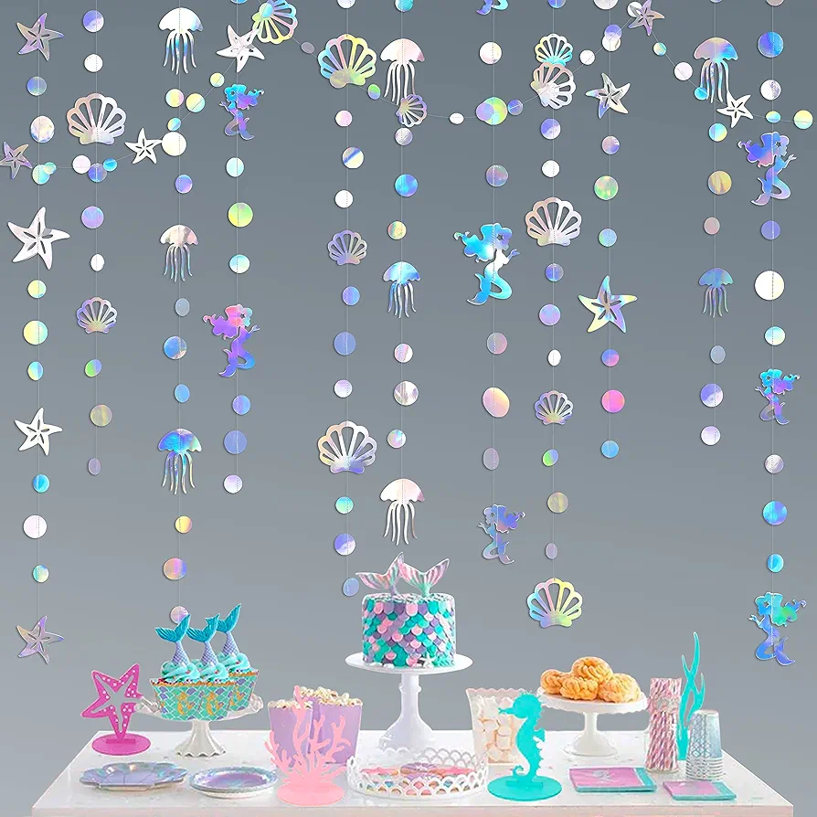 40 Ft Iridescent Mermaid Garland with Jellyfish SeaShell Starfish Pearl Holographic Paper Streamer for Little Mermaid Rainbow Theme Birthday Bachelorette Baby Shower Under The Sea Party Decorations