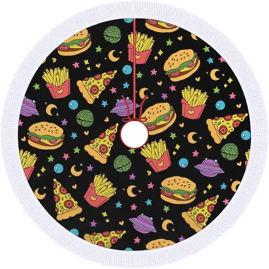 Space Pizza Hamburger and Fries Christmas Tree Skirt Mat Party Decorations Indoor Outdoor Living Room Home Decor 36"x36"