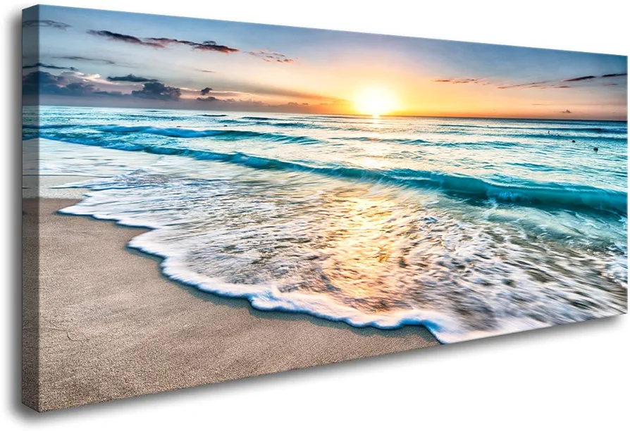 S02262 Canvas Prints Wall Art Beach Sunset Ocean Waves Nature Pictures Stretched Canvas Wooden Framed for Living Room Bedroom and Office