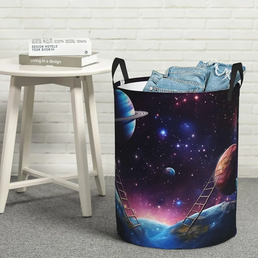 Laundry Basket Waterproof Laundry Hamper With Handles Dirty Clothes Organizer Universe Scene With Stars Sky Print Protable Foldable Storage Bin Circular Storage Bag For Living Room Bedroom Playroom