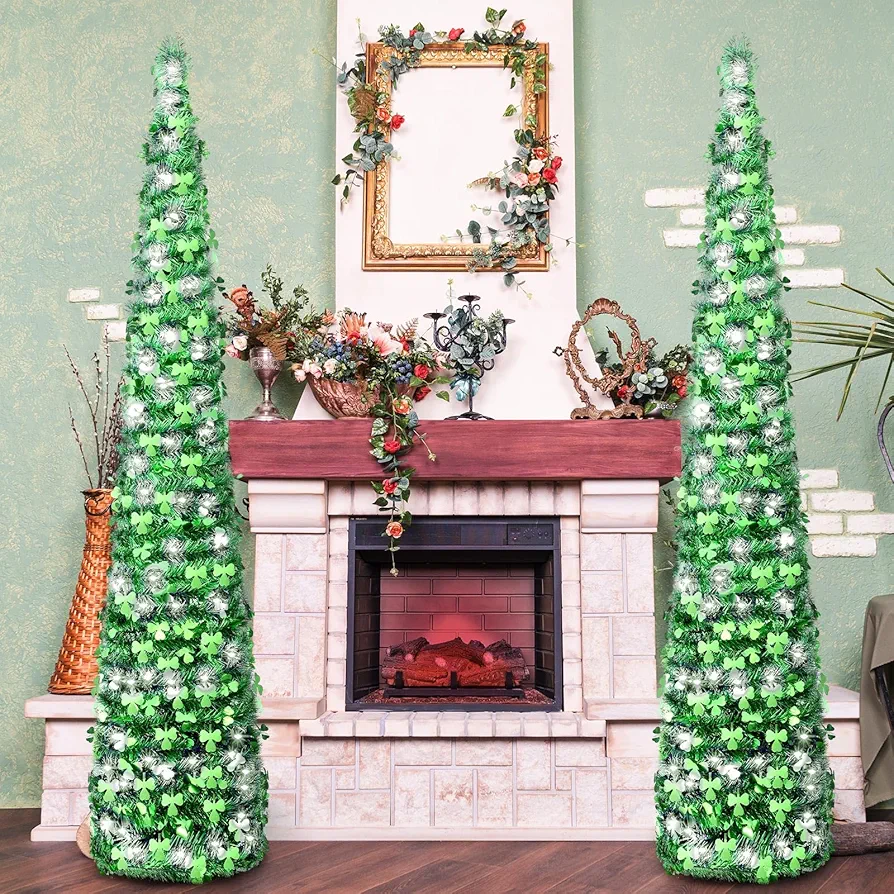 Sosation 2 Pcs Light 5 ft St. Patrick's Day Pop up Tree Artificial Green Collapsible Christmas Tree Slim Pencil Tinsel Trees for Saint Patty's Day Shamrock Clover Irish Party Decoration