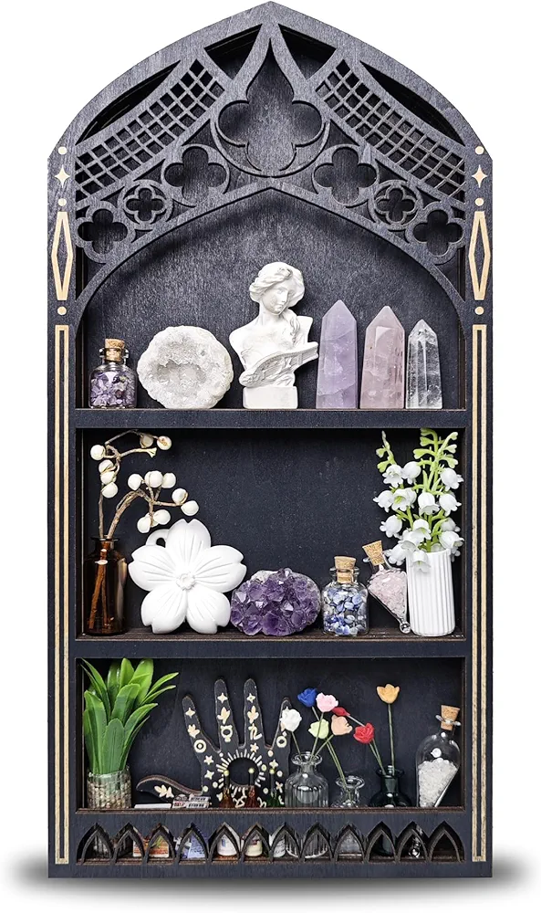 Gothic Window Crystal Shelf Display for Wall, Wooden Gem Stone Rock Storage Holder Trinkets Organizer, Wall Mount Stand Case Box for Witch Wiccan Decor, Spiritual Gift for Home Bedroom Living Room