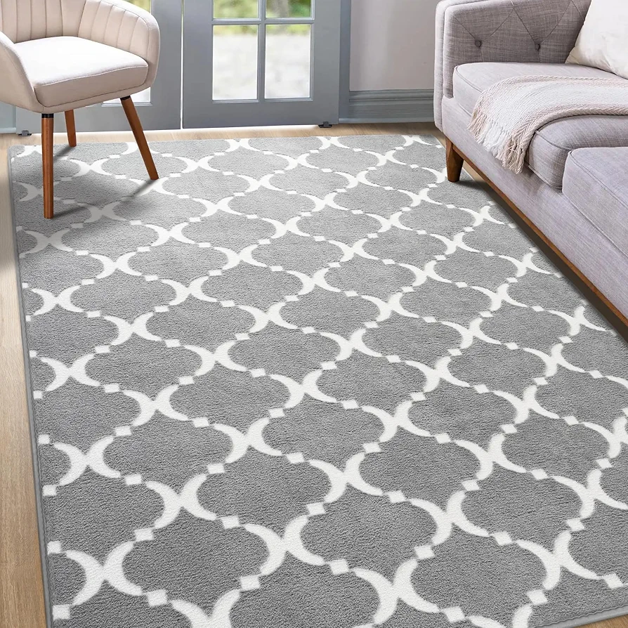 YJ.GWL Soft Shag Geometric Area Rug for Bedroom Living Room, 5x8 Feet Grey Cozy Modern Indoor Memory Foam Carpet, Washable Fluffy Rugs for Nursery Playroom Dorm Kids Girls Room Decor Floor Mat