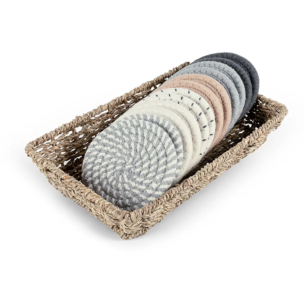 Boho Coasters for Drinks with Seagrass Basket Holder Set,12 Pcs Handmade Woven Absorbent Insulating Coasters for Coffee Table,Table Home Decor