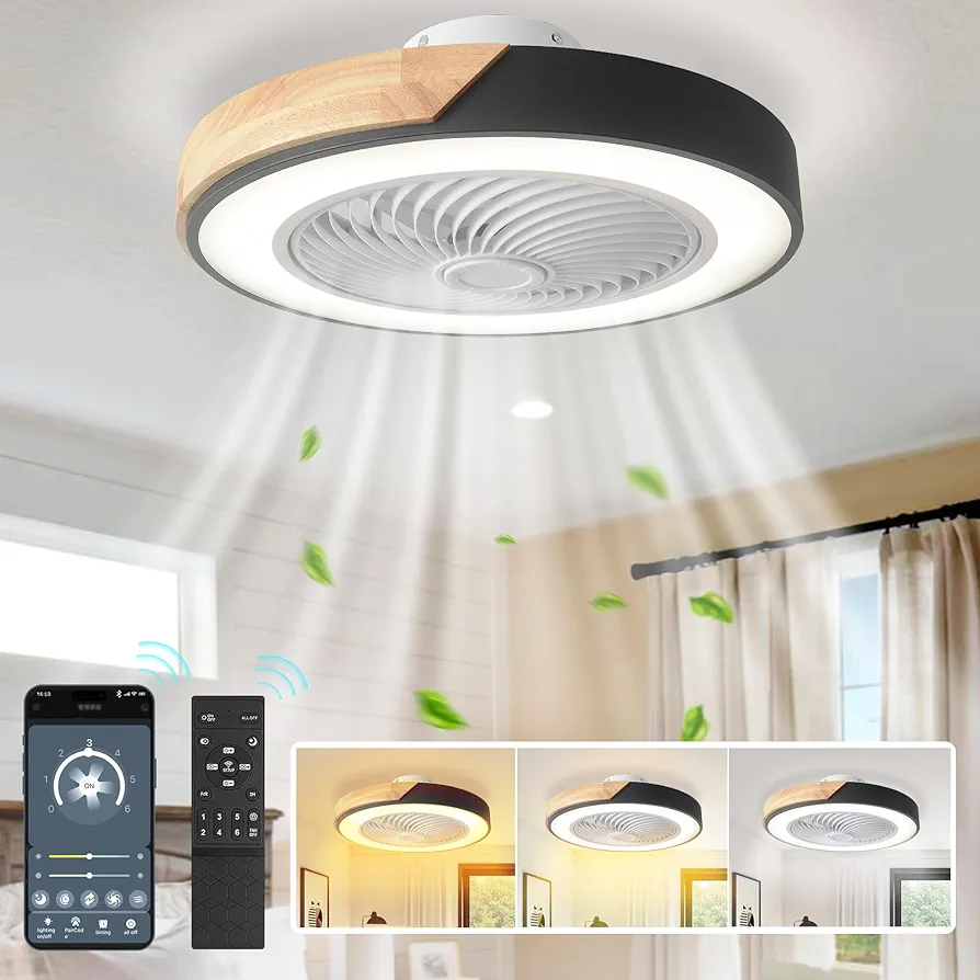 19.7" Ceiling Fan with Lights and Remote, Stepless Dimmable 3 Color Temperature and 6 Wind Speeds, Modern Flush Mount Ceiling Fan for Bedroom, Kitchen, Living Room, Home and Office (White)