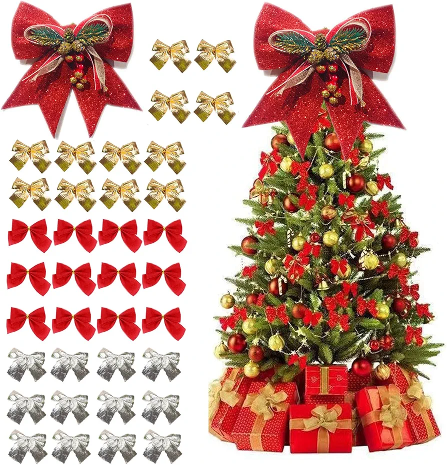 37 Pieces Christmas Tree Bow, Xiapumeth Glitter Bow Christmas Tree Topper, Red Bow for Top of Christmas Tree, Large Red Bow Christmas Tree Topper for Christmas Tree Topper Xmas Decoration