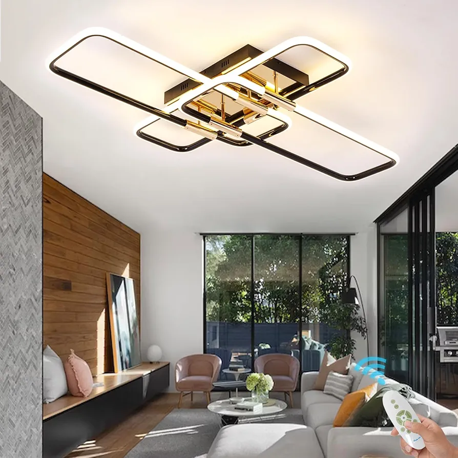 Upgraded Modern Led Ceiling Light, L55.12 Modern Light Fixture Ceiling Light Fixture Large Modern Ceiling Lights for Living Room Dimmable,Remote Black Gold Modern Dining Room Light Fixture