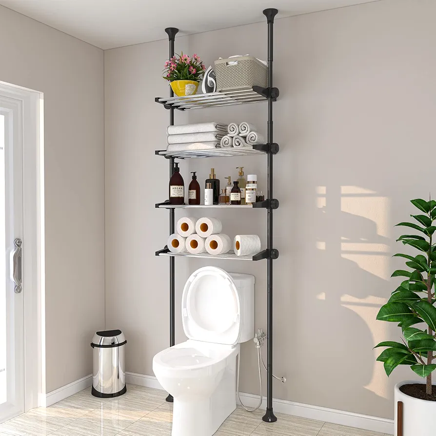 Bathroom Over The Toilet Storage, Over Toilet Organizers Shelves 4.5-9.5 FT Adjustable, 4-Tier Shelf Rack Above Behind Toilet, Wash-Machine, Small Room Space Saver Metal Shelving Heavy Duty, Rustproof