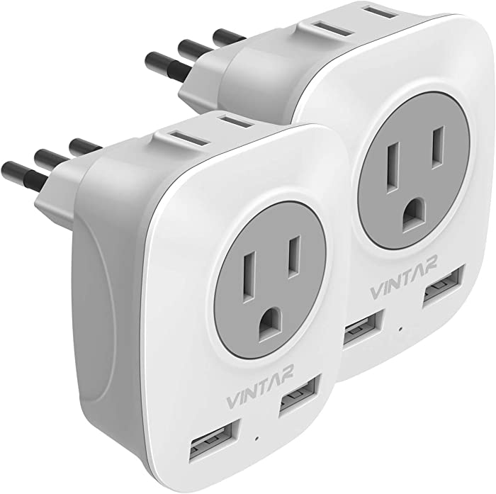 [2-Pack] Italy Travel Power Adapter, VINTAR 3 Prong Grounded Plug with 2 USB and 2 American Outlets, 4 in 1 Outlet Adaptor Dual USB, AC Outlet Adaptor for USA to Italy Uruguay Chile (Type L)