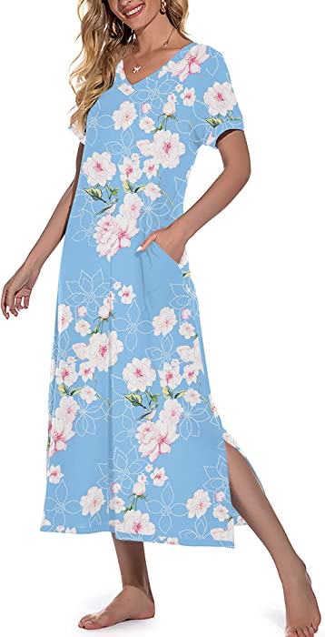 PrinStory Womens Long Nightgown Short Sleeve Nightshirt V-Neck Soft Loungewear Casual Sleepwear With Pockets