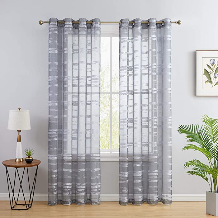 HLC.ME Broadway Stripe Decorative Semi Sheer Light Filtering Grommet Window Treatment Curtain Drapery Panels for Bedroom & Living Room - Set of 2 Panels (54 x 84 inches Long, Silver/Light Grey)