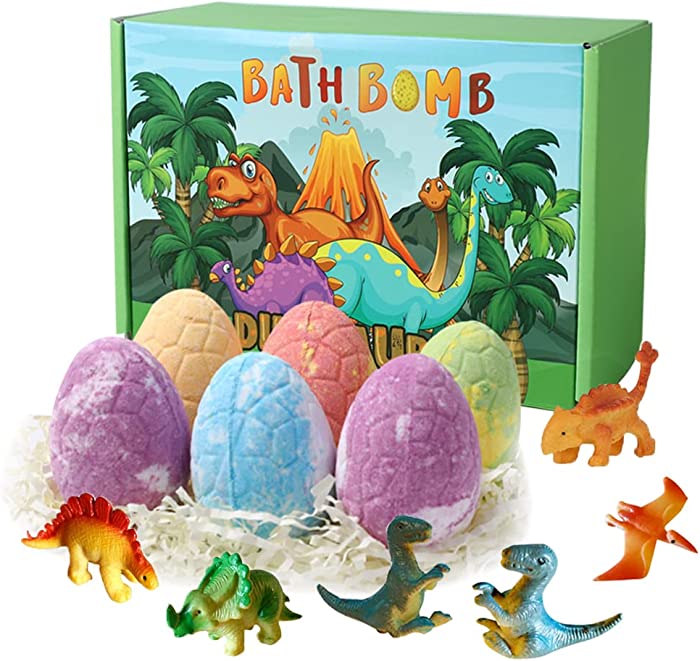 primeauty Bath Bombs for Kids with Toys Inside for Girls Boys - 6pcs Large Surprise Colorful Dinosaur Egg Bubble Bath Fizzies, Gentle and Kids Safe for Birthday Gift Easter Eggs Stuffers Christmas