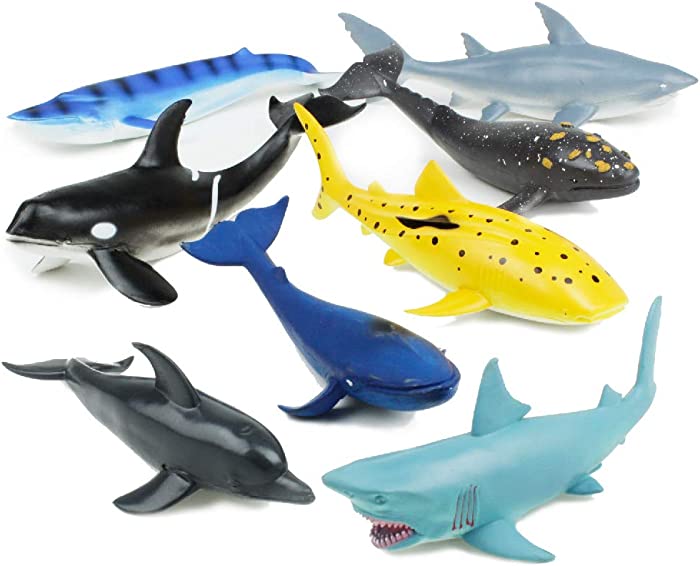 Boley Great Sea Creatures - 8 Pack 7-10" Long Soft Plastic Ocean Animals Toy Set - Shark, Whale, and Dolphin Animal Figurines - Sea Creature Toddler Sensory Toys and Party Favors for Kids