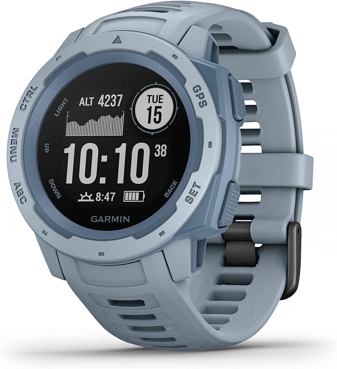 Garmin Instinct, Rugged Outdoor Watch with GPS, Features GLONASS and Galileo, Heart Rate Monitoring and 3-axis Compass, Seafoam Light Blue (Renewed)