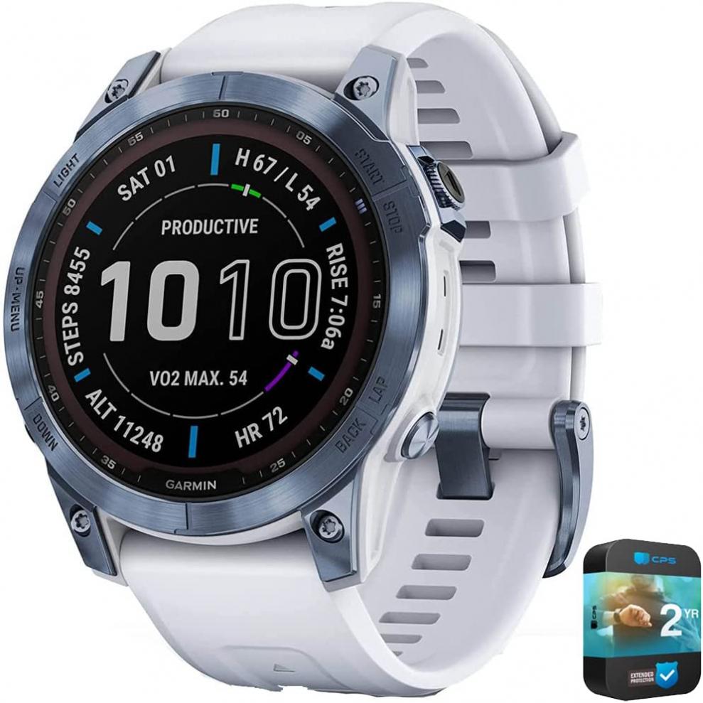 Garmin 010-02540-24 Fenix 7 Sapphire Solar Smartwatch Mineral Blue DLC Titanium Whitestone Band Bundle with 2 YR CPS Enhanced Protection Pack